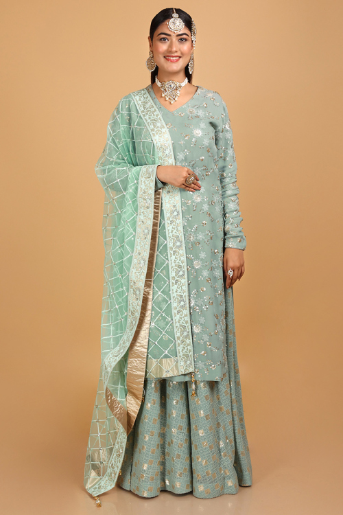 Dusty Green Georgette Sequins Embroidery Sharara Salwar Suit for Party Wear
