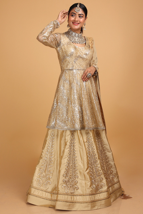 Light Gold Silk Embroidered Lehenga for Wedding & Party
