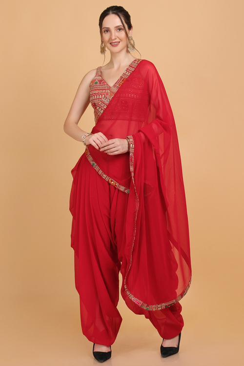 Chilly Red Embellished Wedding Dhoti Pants With Top