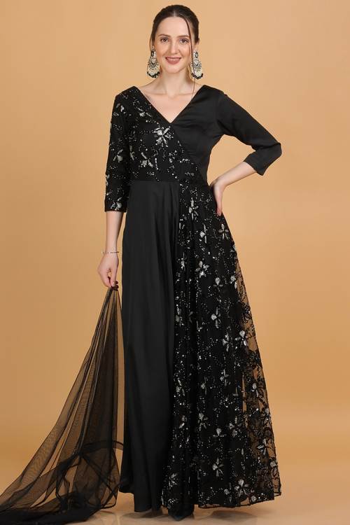 Black Silk Blend And Net Indo-Western Embroidered Gown for Wedding & Party