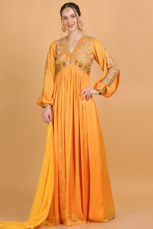 Dori Embroidered Mustard Yellow Crepe Satin Gown for Wedding & Party