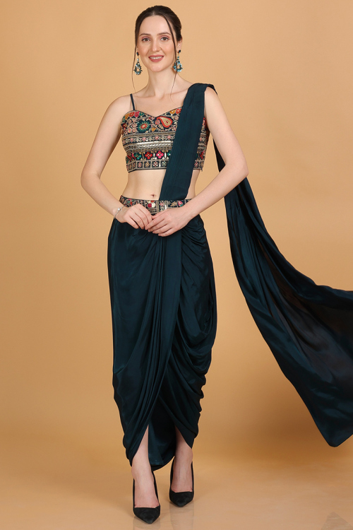 Soft Silk Prussian Blue Lace embroidery Dhoti Style Saree for Wedding & Party