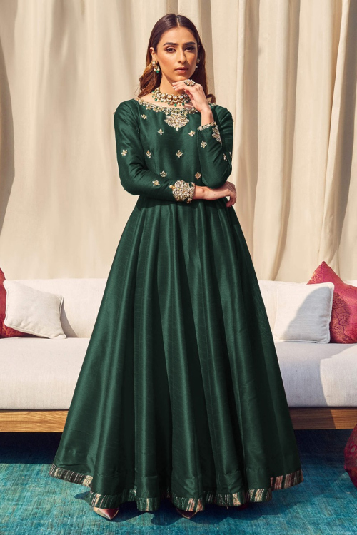 Dark Green Tafta Silk Embroidered Wedding Wear Anarkali Suit