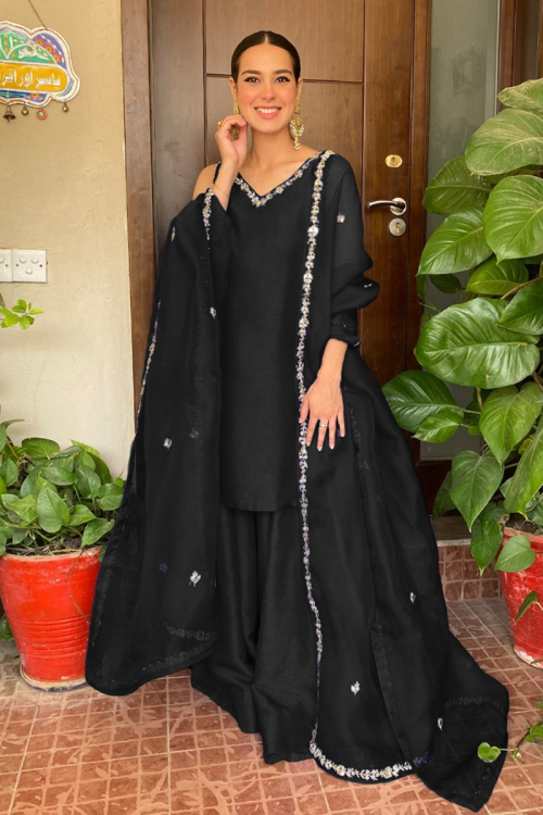 Black Silk Zari Work Wedding Sharara Suit