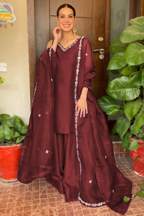 Burgundy Maroon Silk Straight Cut Wedding Sharara Suit