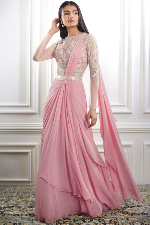 Soft Silk Pink Indo-Western Saree