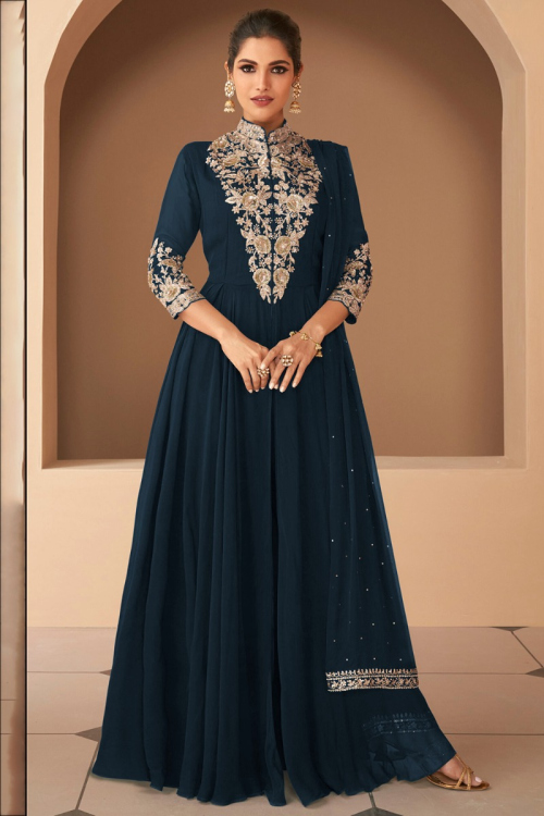 Georgette Dark Navy Blue Embroidered Anarkali Suit 