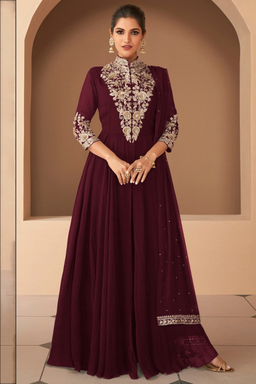 Georgette Dark Wine Maroon Embroidered Anarkali Suit 
