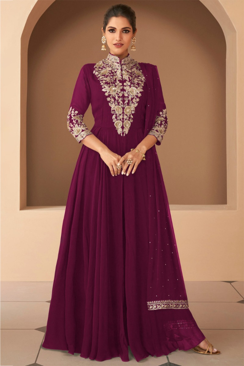 Georgette Dark Pink Embroidered Anarkali Suit 