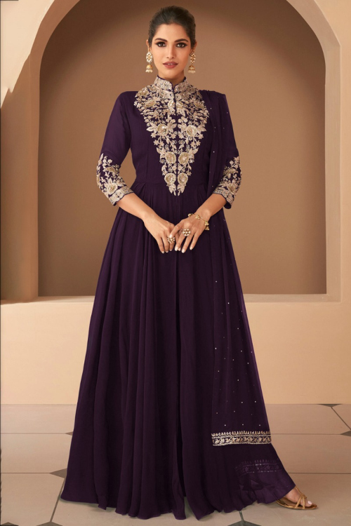 Georgette Dark Purple Embroidered Anarkali Suit 
