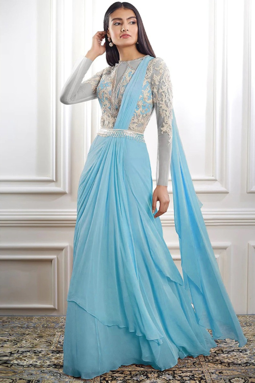 Soft Silk Light Blue Indo-Western Saree