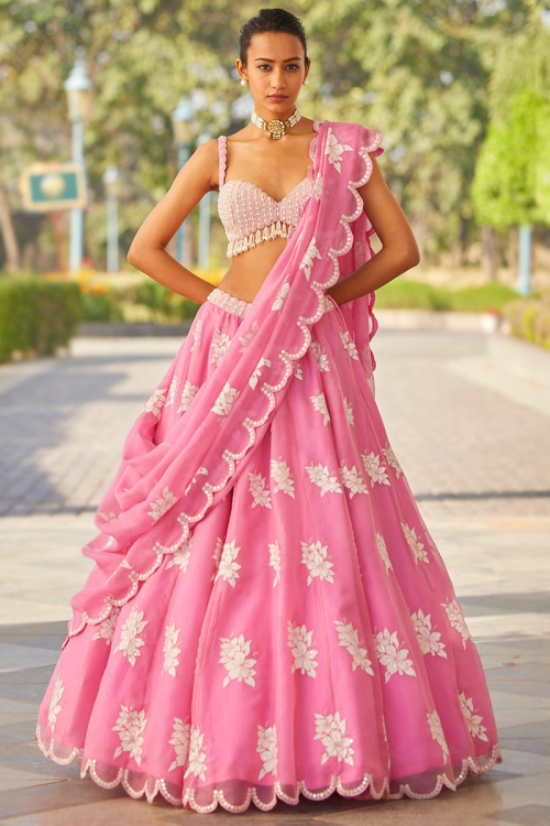Carnation Pink Patch Embroidered Organza Party Wear Wedding Lehenga