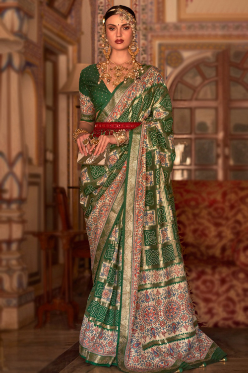Art Silk Green Bandhej Print Traditional Saree