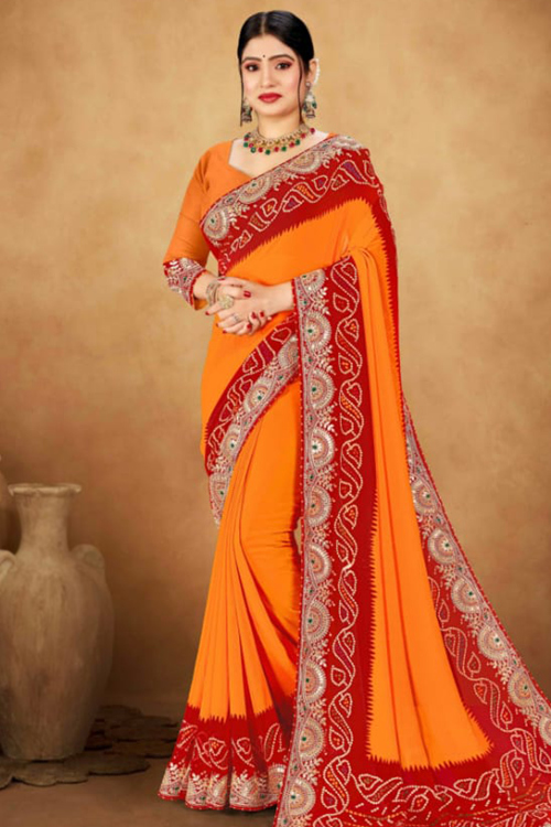 Carrot Orange Georgette Bandhej Print Saree for Festival 