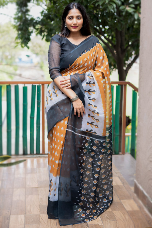 Printed Party Wear Saree in Carrot Orange Linen