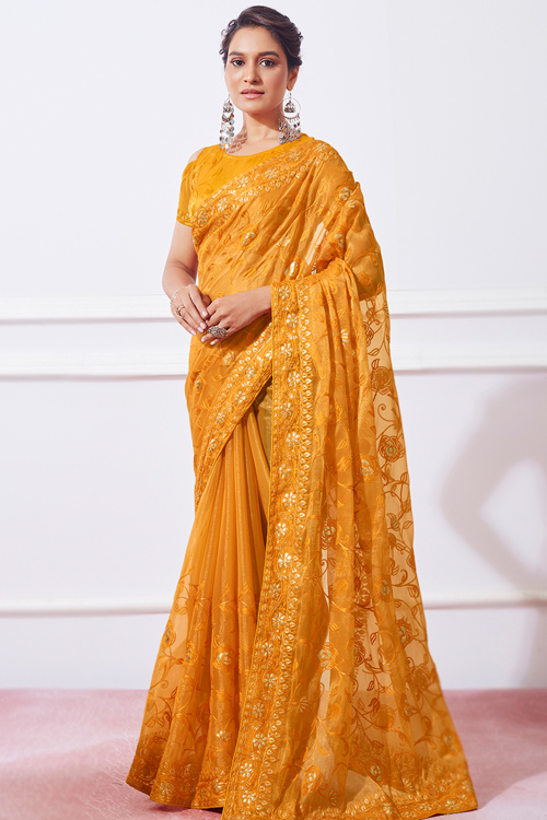 Carrot Orange Chinnon Embroidered Light Weight Saree
