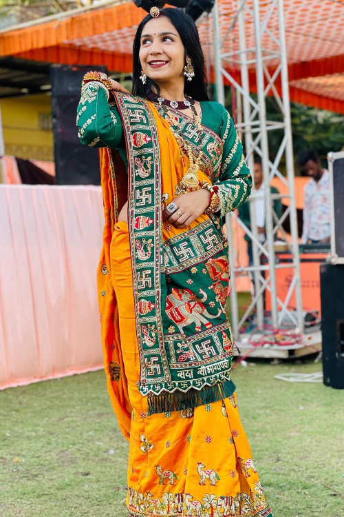Carrot Orange Silk Blend Embroidered Heavy Saree 