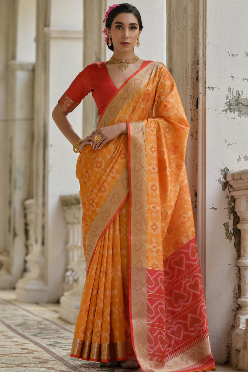 Carrot Orange Silk Weaved Thread Light Weight Saree
