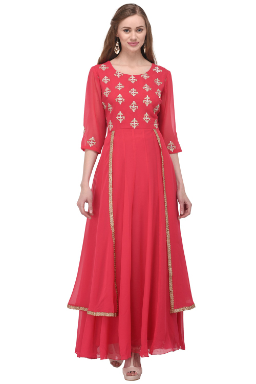 Carrot Pink Georgette Kurti With Lace Work For Casual Wear