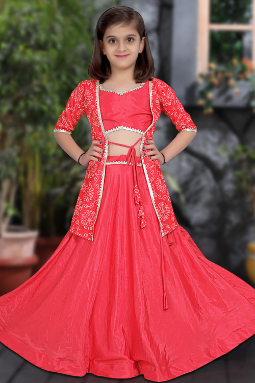 Carrot Red Printed Jacket Style Satin Lehenga