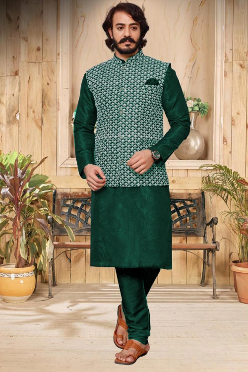 Peacock Green Art Silk Men Kurta Pajama