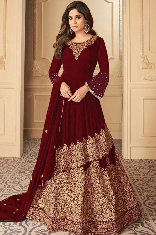 Dark Maroon Georgette Zari Embroidered Wedding Anarkali Suit