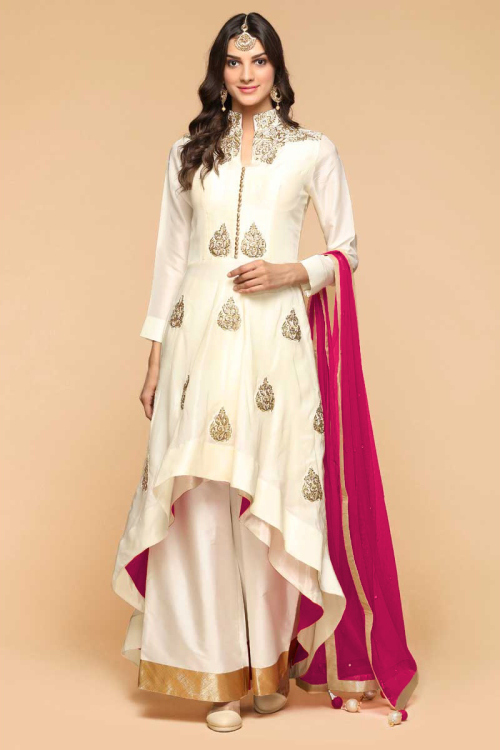 Zari Embroidered Ivory Silk Palazzo Pant Suit