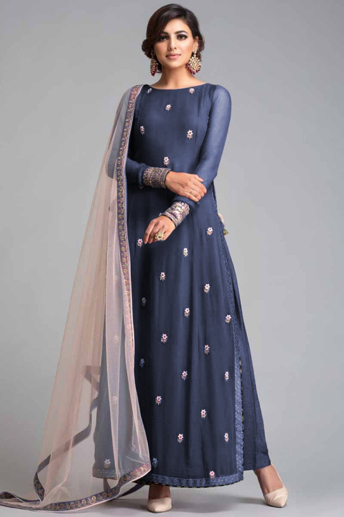 Dark pastel Blue Crepe Trouser Suit With Resham Work
