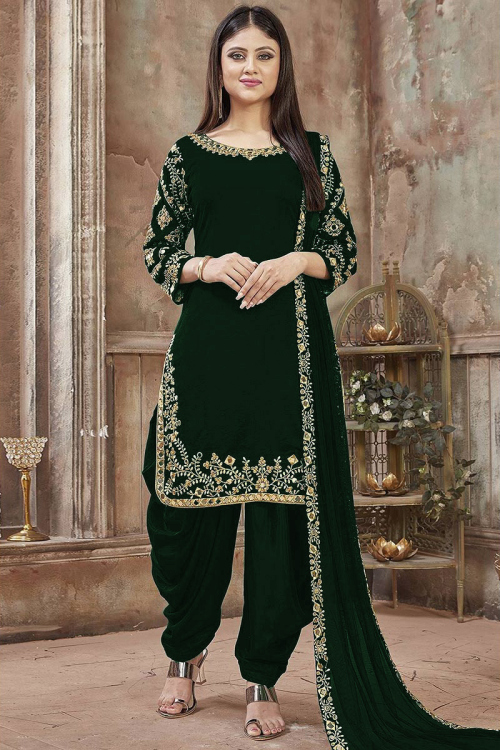 Embroidered Dark Green Georgette Patiala Salwar Kameez for Wedding