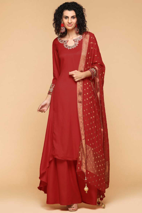 Deep Red Trail Cut Wedding Palazzo Pant Suit