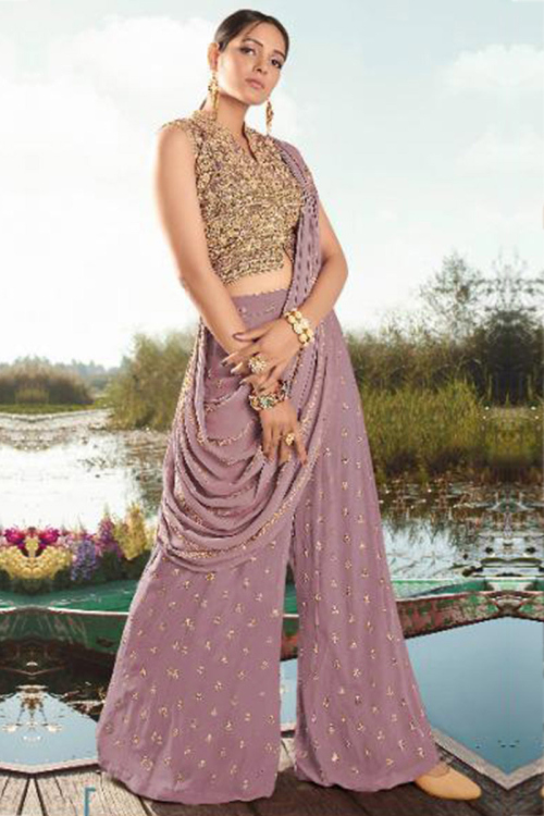 Mauve Georgette Wedding Palazzo With Embroidered Crop Top