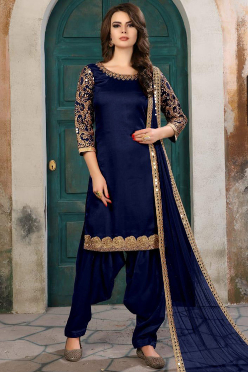 Zari Embroidered Art Silk Navy Blue Patiala Suit