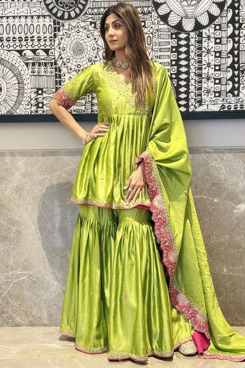 Chanderi Silk Pear Green Embroidered Angrakha Style Sharara Suit