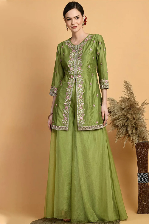 Chanderi Silk Pear Green Sharara Suit with Resham Thread Work for Party Wear