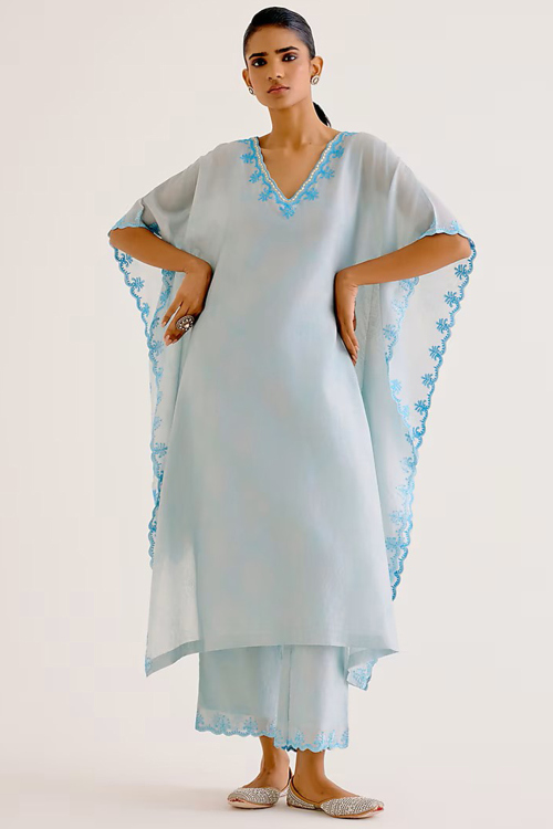 Chanderi Silk Powder Blue Kaftan Suit with Thread Work for Eid