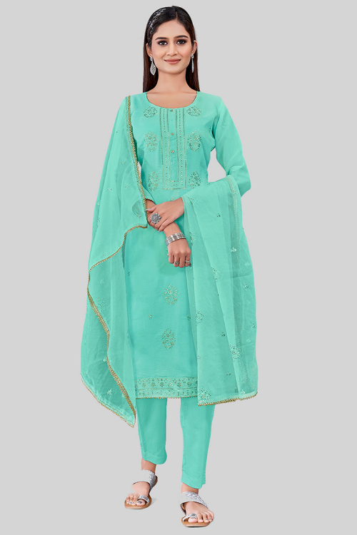 Chanderi Silk Turquoise Green Embroidered Trouser Suit 
