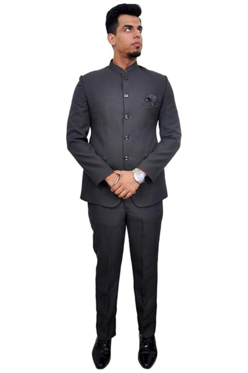 Charcoal Grey Polyester Plain Jodhpuri Style Men's Coat Pant