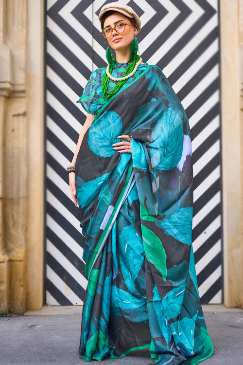 Charcoal Grey Printed Satin Light Weight Saree