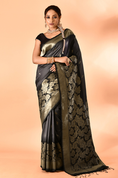 Charcoal Grey Soft Silk Saree With Weaved Work For Festival