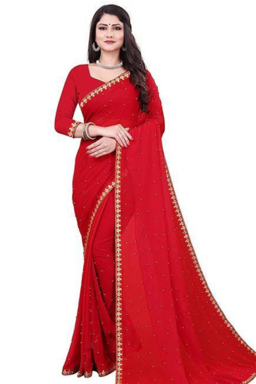 Cherry Red Chiffon Lace Embroidered Chiffon Light Weight Saree