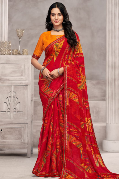 Cherry Red Chiffon Saree With Lace Work For Casual Wear