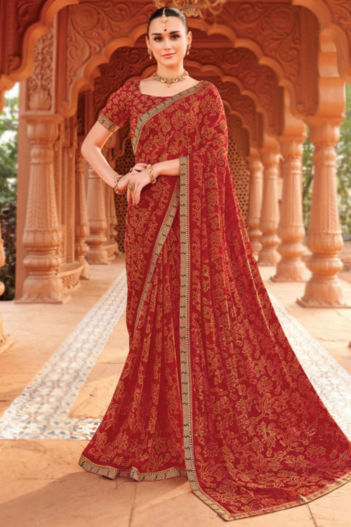 Cherry Red Chiffon Saree With Printed Work For Festival