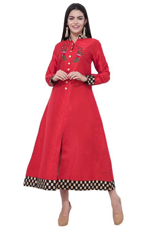 Cherry Red Dupion Silk Embroidered Cigarette Pant Kurti