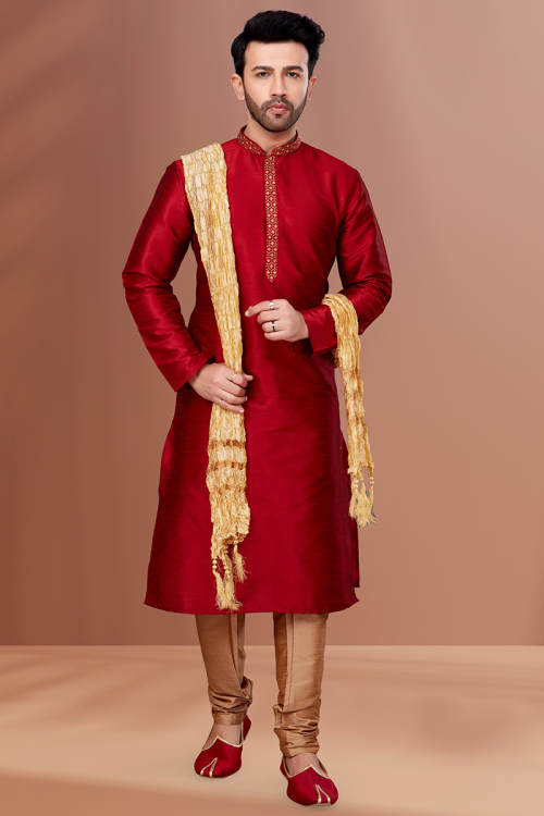 Cherry Red Dupion Silk Embroidered Men Kurta Pajama