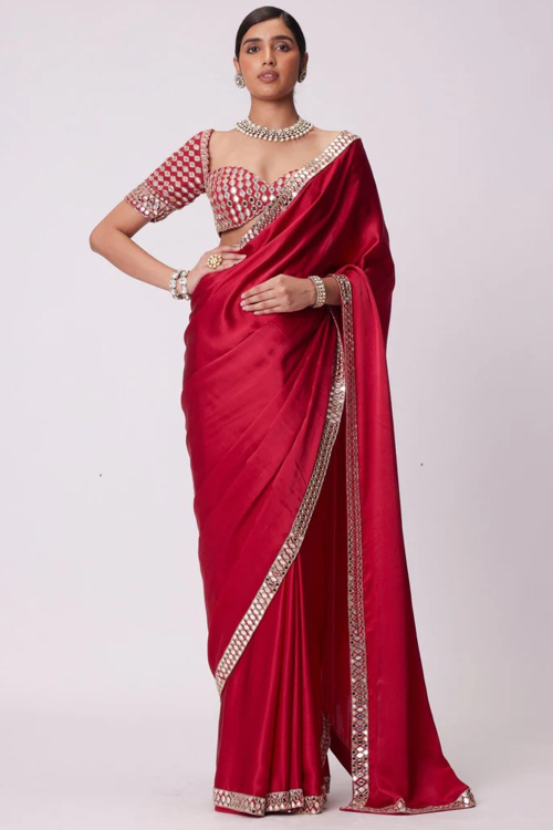 Cherry Red Fancy Silk Saree With Mirror Work For Festival