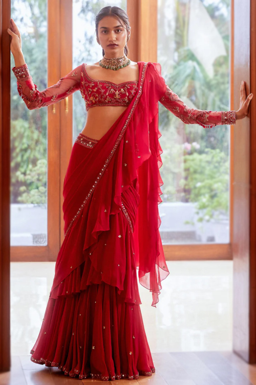 Cherry Red Georgette Embroidered Party Wear Ruffle Wedding Saree