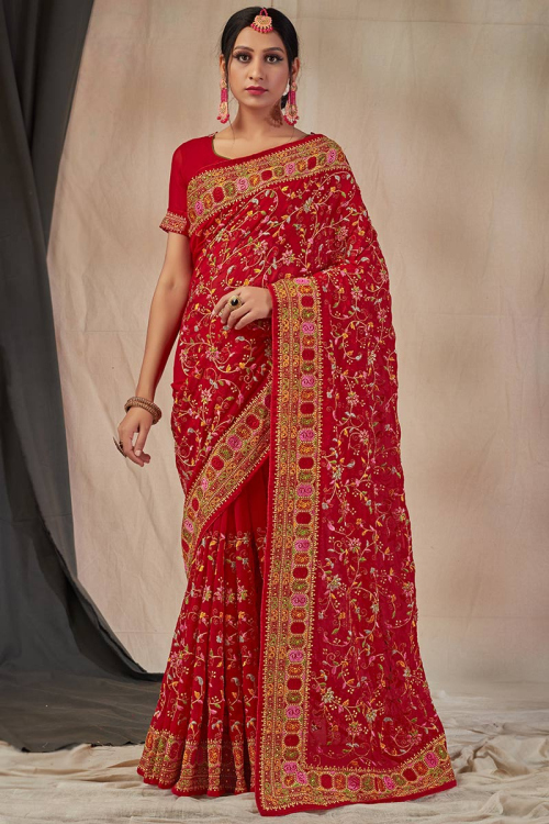 Cherry Red Georgette Embroidered Saree