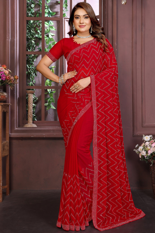 Cherry Red Georgette Saree With Stone Work For Diwali