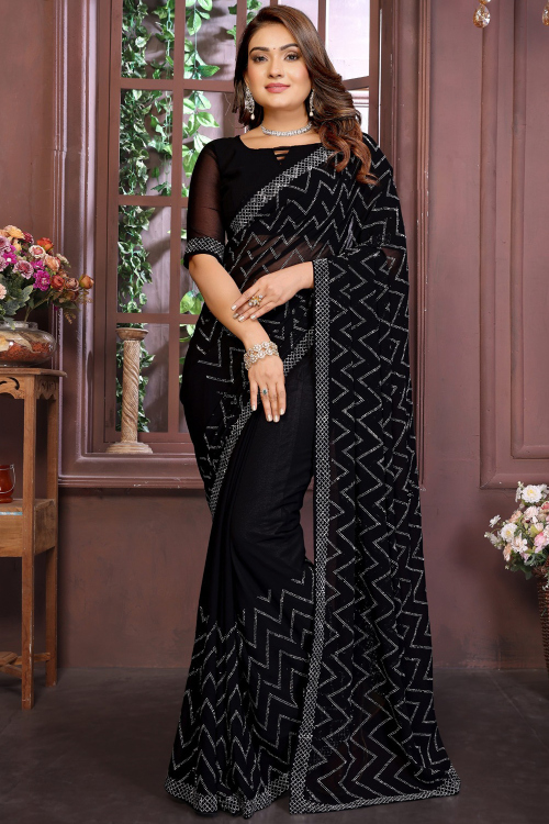 Cherry Red Georgette Saree With Stone Work For Diwali