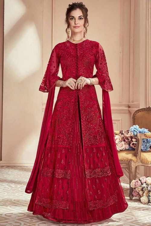 Cherry Red Net Lehenga With Net Choli